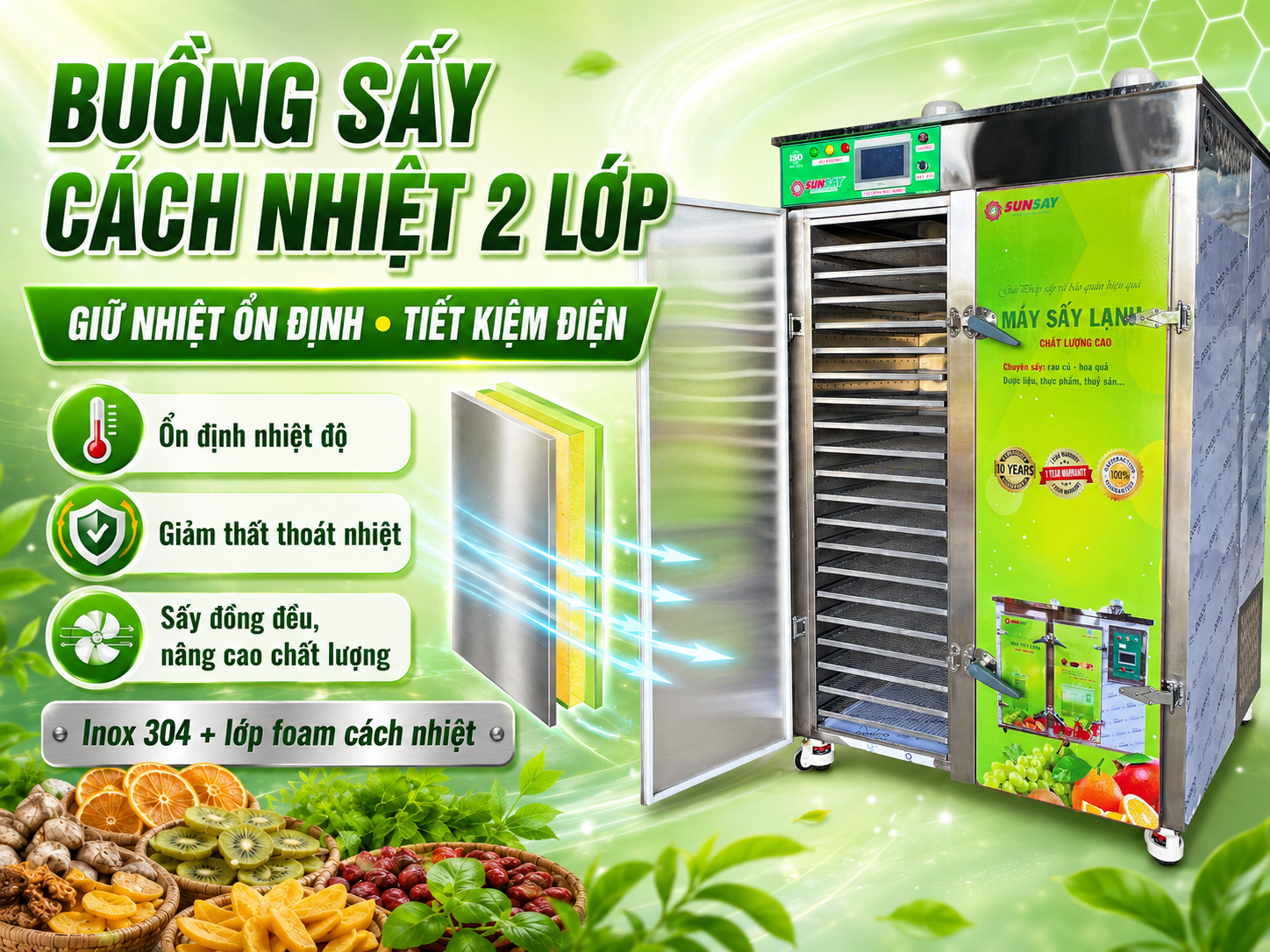 Thiết kế buồng sấy cách nhiệt 2 lớp giúp máy sấy lạnh SUNSAY duy trì nhiệt độ ổn định, tiết kiệm năng lượng và đảm bảo chất lượng sản phẩm sấy luôn đồng đều