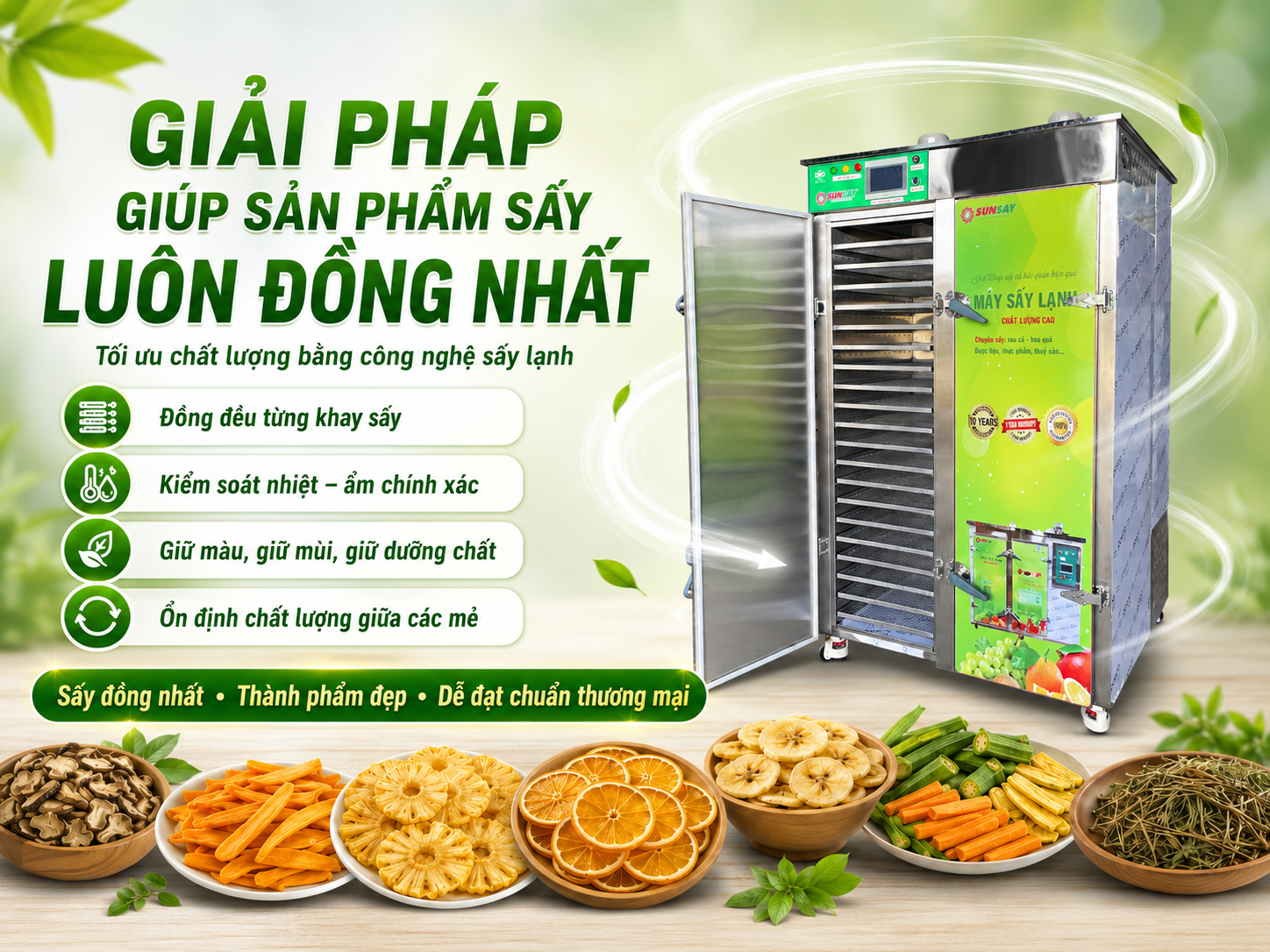 Máy sấy lạnh SUNSAY chính là giải pháp giúp sản phẩm sấy luôn đồng nhất, đáp ứng yêu cầu khắt khe về chất lượng trong chế biến nông sản