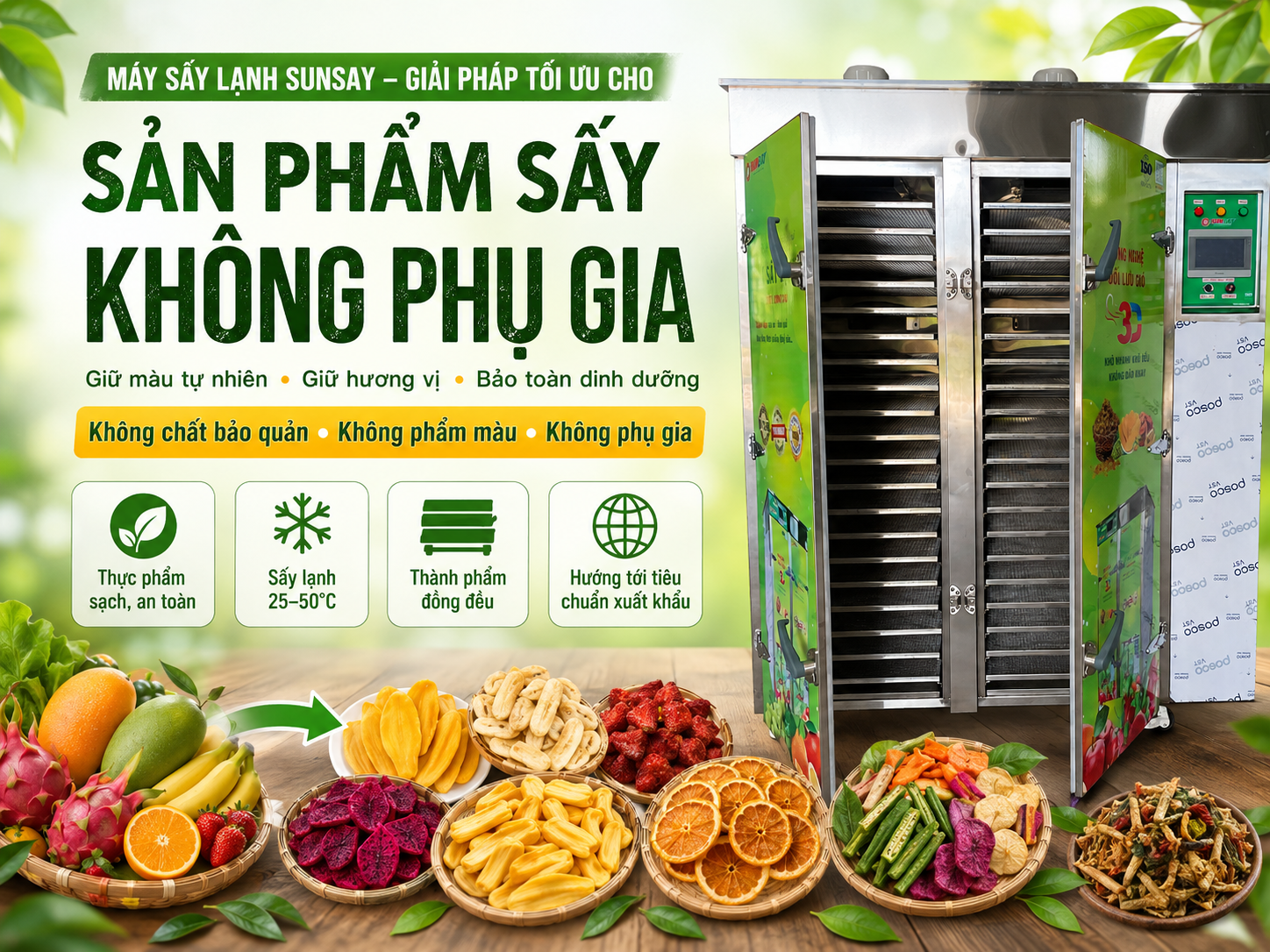 Máy sấy lạnh SUNSAY là lựa chọn lý tưởng để tạo ra sản phẩm sấy không phụ gia, đáp ứng xu hướng tiêu dùng an toàn và tự nhiên