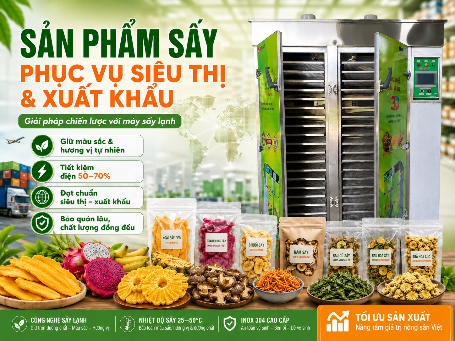 Máy sấy lạnh SUNSAY giúp tạo ra sản phẩm sấy phục vụ siêu thị và xuất khẩu với chất lượng đồng đều, giữ nguyên màu sắc, thanh long được sấy bằng máy sấy lạnh SUNSAY