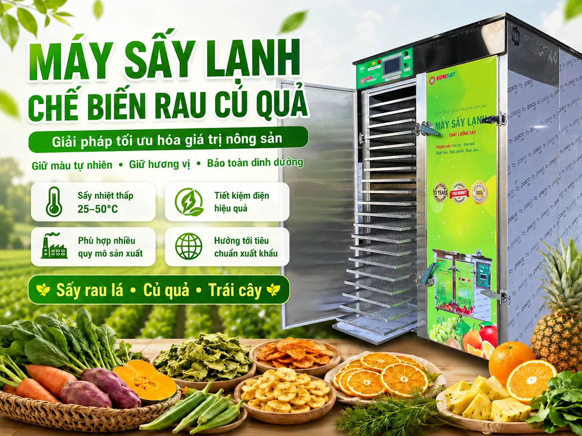 Máy sấy lạnh chế biến rau củ quả là giải pháp lý tưởng giúp bảo toàn màu sắc, hương vị và giá trị dinh dưỡng cho sản phẩm nông sản sau thu hoạch