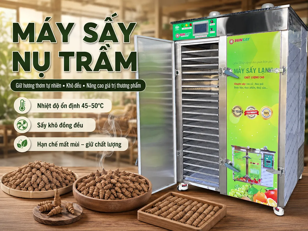 Máy sấy nụ trầm là thiết bị quan trọng giúp giữ nguyên hương thơm tự nhiên, đảm bảo chất lượng đồng đều và nâng cao giá trị thương phẩm