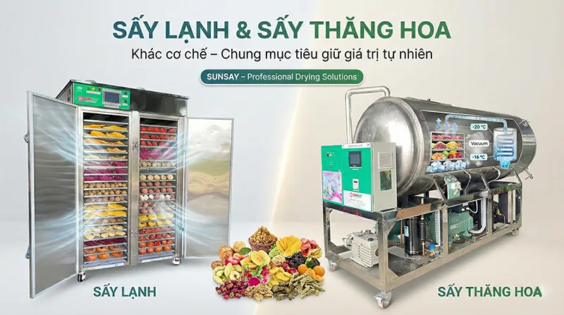 Mối quan hệ giữa sấy lạnh và sấy thăng hoa nằm ở mục tiêu chung là giữ trọn giá trị tự nhiên của sản phẩm, dù mỗi công nghệ áp dụng một nguyên lý tách ẩm khác nhau.