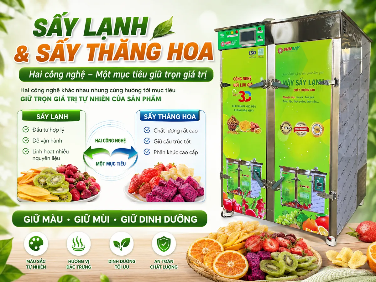 Mối quan hệ giữa sấy lạnh và sấy thăng hoa nằm ở mục tiêu chung là giữ trọn giá trị tự nhiên của sản phẩm, dù mỗi công nghệ áp dụng một nguyên lý tách ẩm khác nhau.