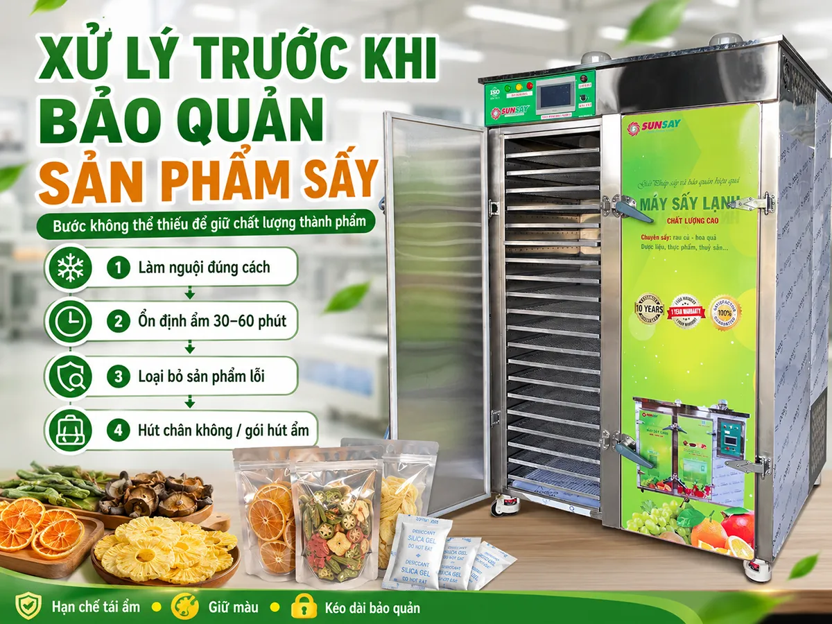 Xử lý trước khi bảo quản sản phẩm sấy là bước quan trọng giúp duy trì chất lượng, kéo dài thời gian sử dụng và hạn chế tối đa nguy cơ tái ẩm sau sấy