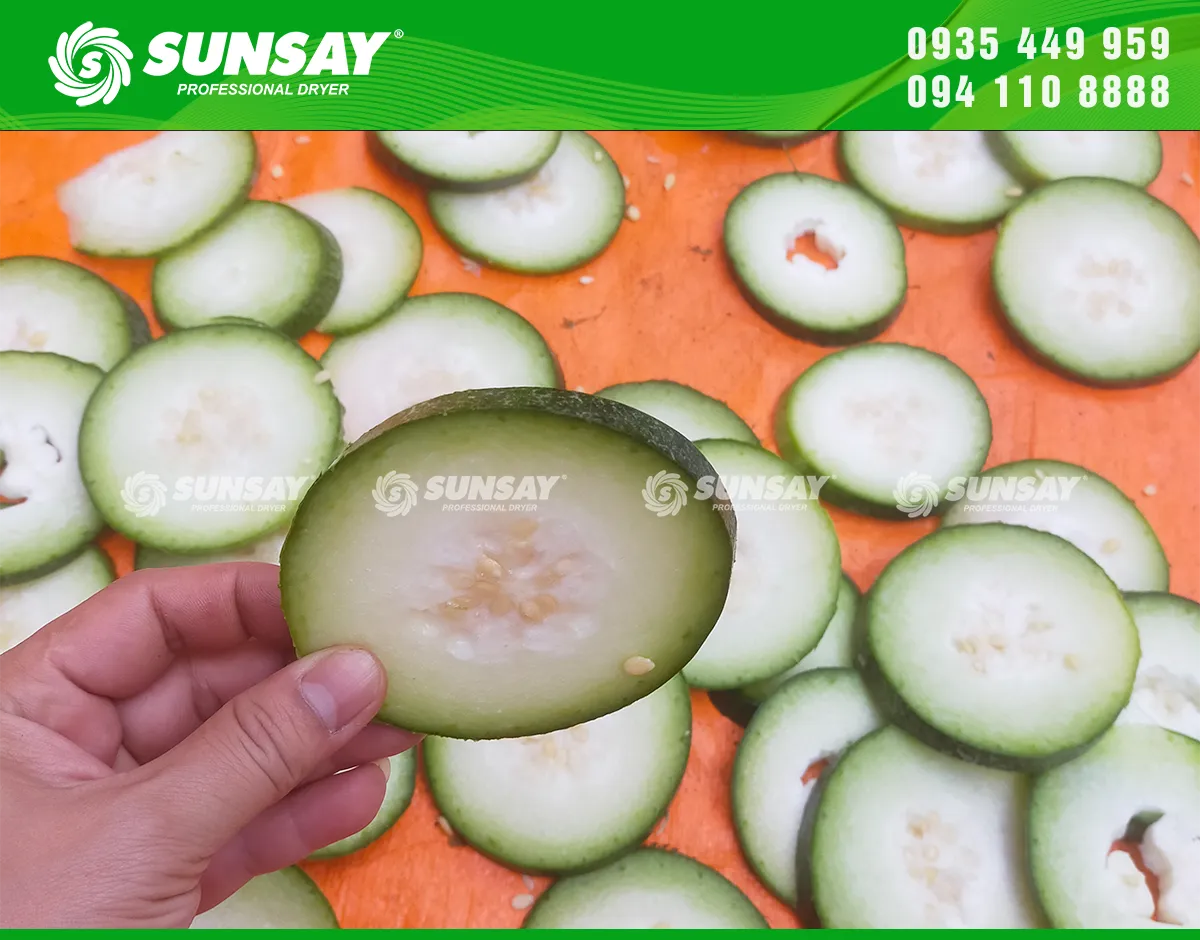 Bí đao được đưa vào máy cắt lát thành các miếng có độ dày vừa phải, đều nhau