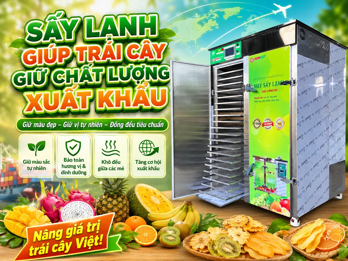 Sấy lạnh giúp trái cây giữ chất lượng xuất khẩu bằng cách bảo toàn màu sắc tự nhiên, hương vị đặc trưng và giá trị dinh dưỡng trong suốt quá trình tách ẩm