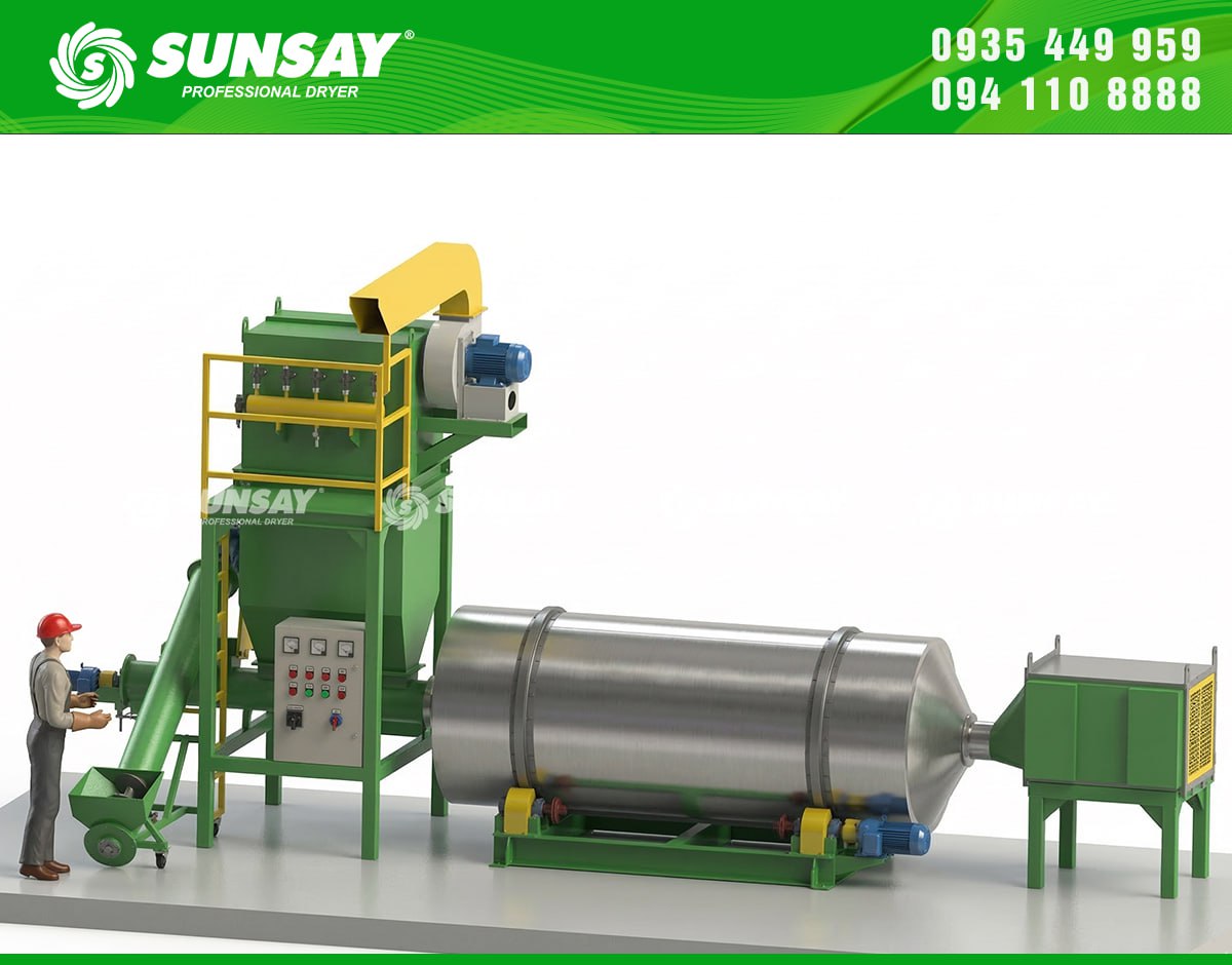 Cấp liệu vào máy sấy thùng quay