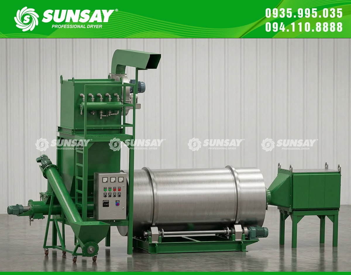 Hệ thống sấy thùng quay theo mẻ vận hành ổn định nhờ cơ cấu quay chậm và cánh đảo bên trong, giúp vật liệu khô đều và hạn chế hiện tượng vón cục