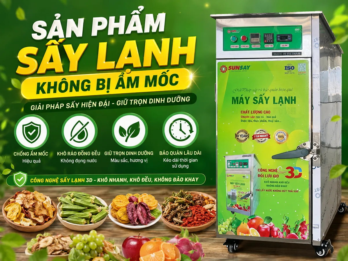 Nhờ công nghệ tách ẩm hiện đại, sản phẩm sấy lạnh không bị ẩm mốc, giữ được chất lượng ổn định và thời gian bảo quản lâu hơn so với các phương pháp sấy truyền thống