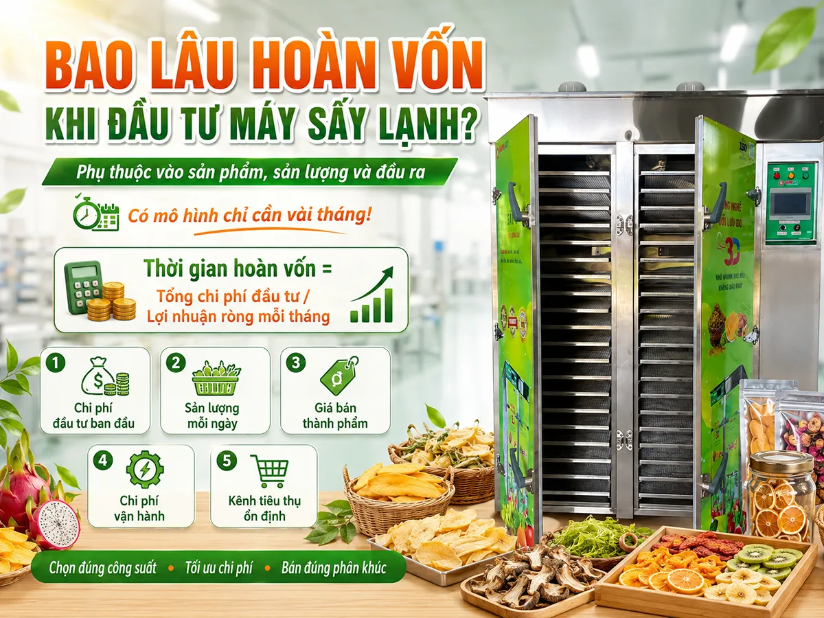 Hoàn vốn khi đầu tư máy sấy lạnh phụ thuộc vào giá máy, sản lượng sản xuất, chi phí vận hành và đầu ra thành phẩm.