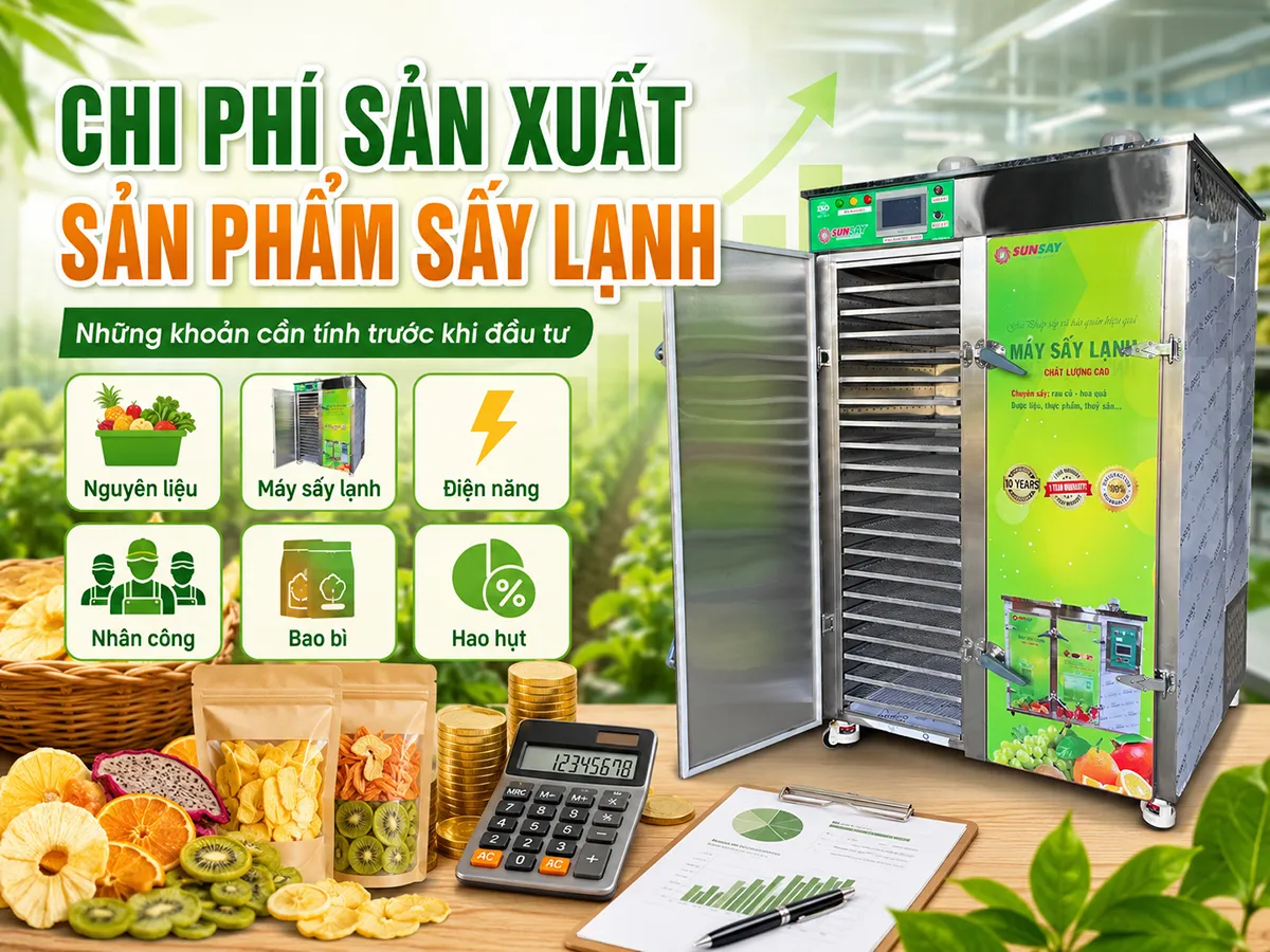 Chi phí sản xuất sản phẩm sấy lạnh cần được tính đầy đủ từ nguyên liệu, điện năng, nhân công đến bao bì để cơ sở dễ kiểm soát giá thành và lợi nhuận.
