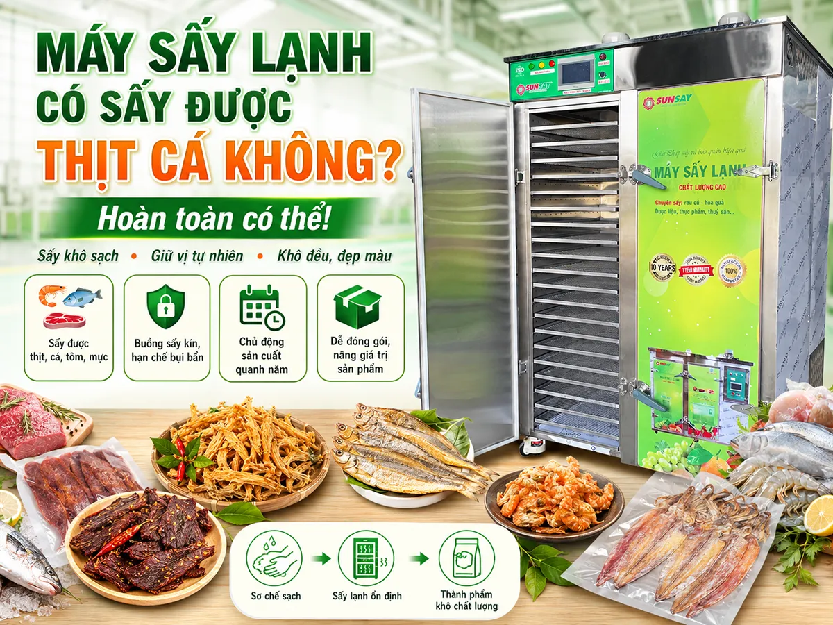 Máy sấy lạnh có thể sấy được thịt cá không? Câu trả lời là có, nếu chọn đúng thiết bị và cài đặt thông số phù hợp.