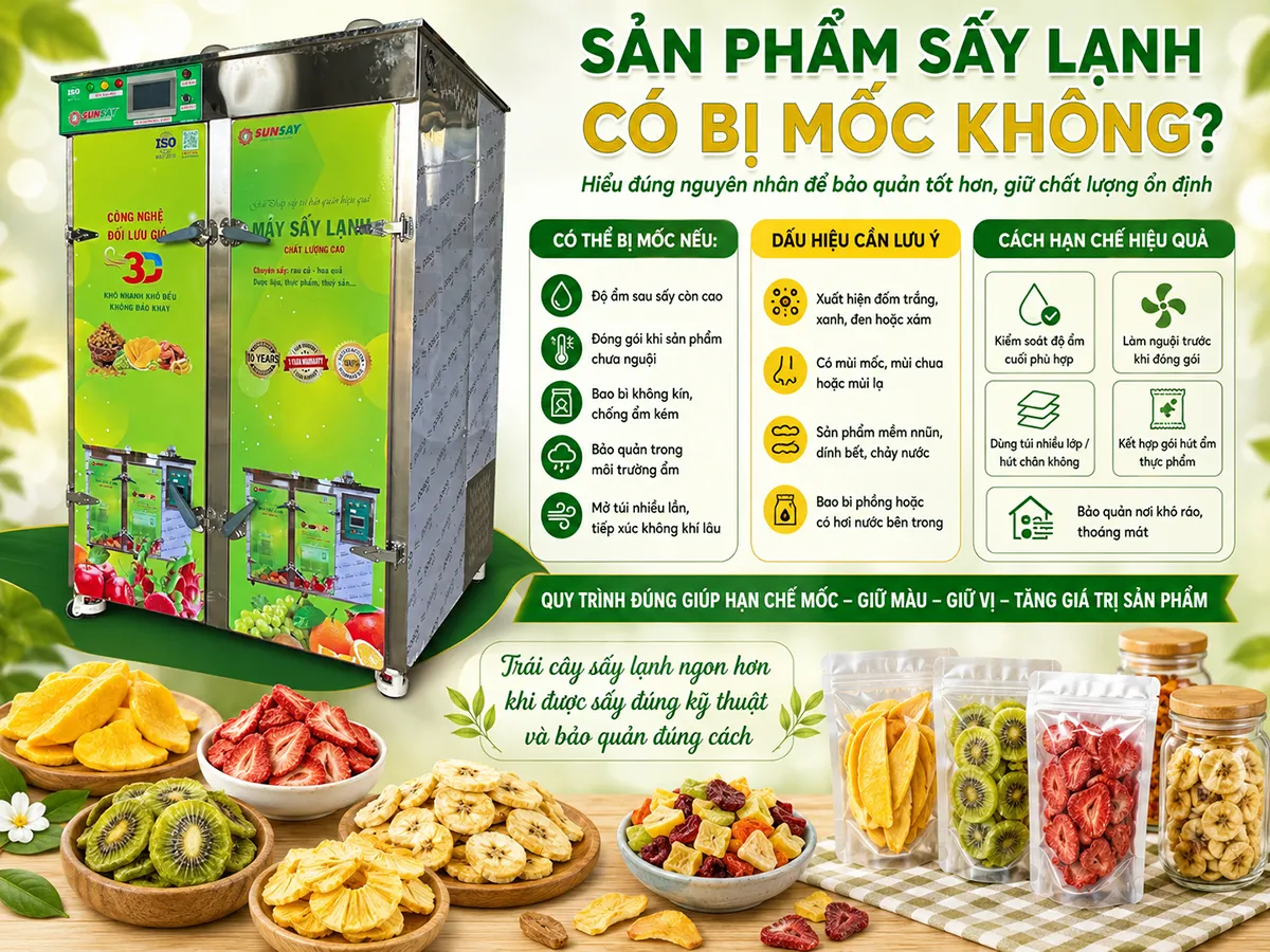 Sản phẩm sấy lạnh có bị mốc không phụ thuộc vào độ ẩm sau sấy, độ kín của bao bì và điều kiện bảo quản trong suốt quá trình sử dụng.