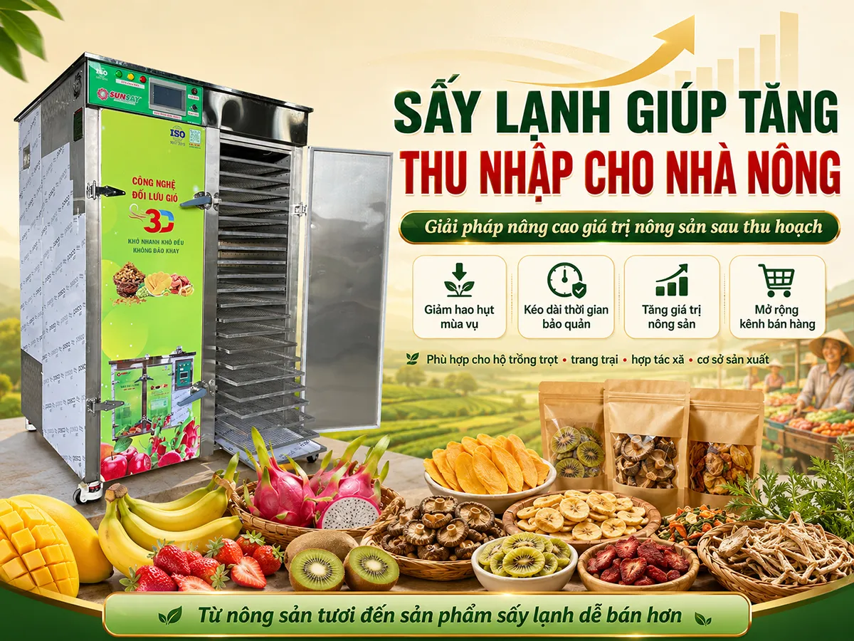 Sấy lạnh giúp tăng thu nhập cho nhà nông bằng cách kéo dài thời gian bảo quản nông sản, giảm hao hụt sau thu hoạch và mở rộng cơ hội bán hàng.