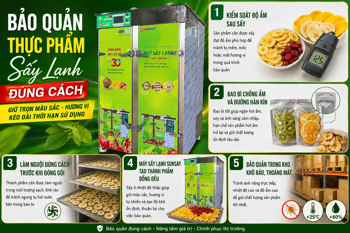 Bảo quản thực phẩm sấy lạnh đúng cách giúp duy trì màu sắc, hương vị và độ giòn lâu hơn.