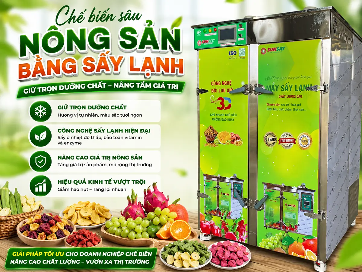 Chế biến sâu nông sản bằng sấy lạnh giúp kéo dài thời gian bảo quản, hạn chế hao hụt và nâng cao giá trị nguyên liệu sau thu hoạch.