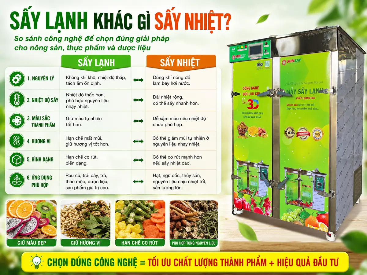 Sấy lạnh khác gì so với sấy nhiệt trong việc giữ màu sắc và hương vị sản phẩm?