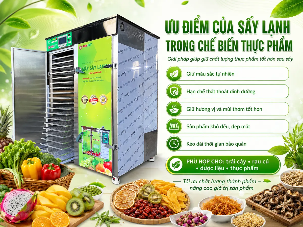 Một trong những ưu điểm của sấy lạnh trong chế biến thực phẩm là hạn chế tác động của nhiệt độ cao lên màu sắc và mùi vị nguyên liệu.