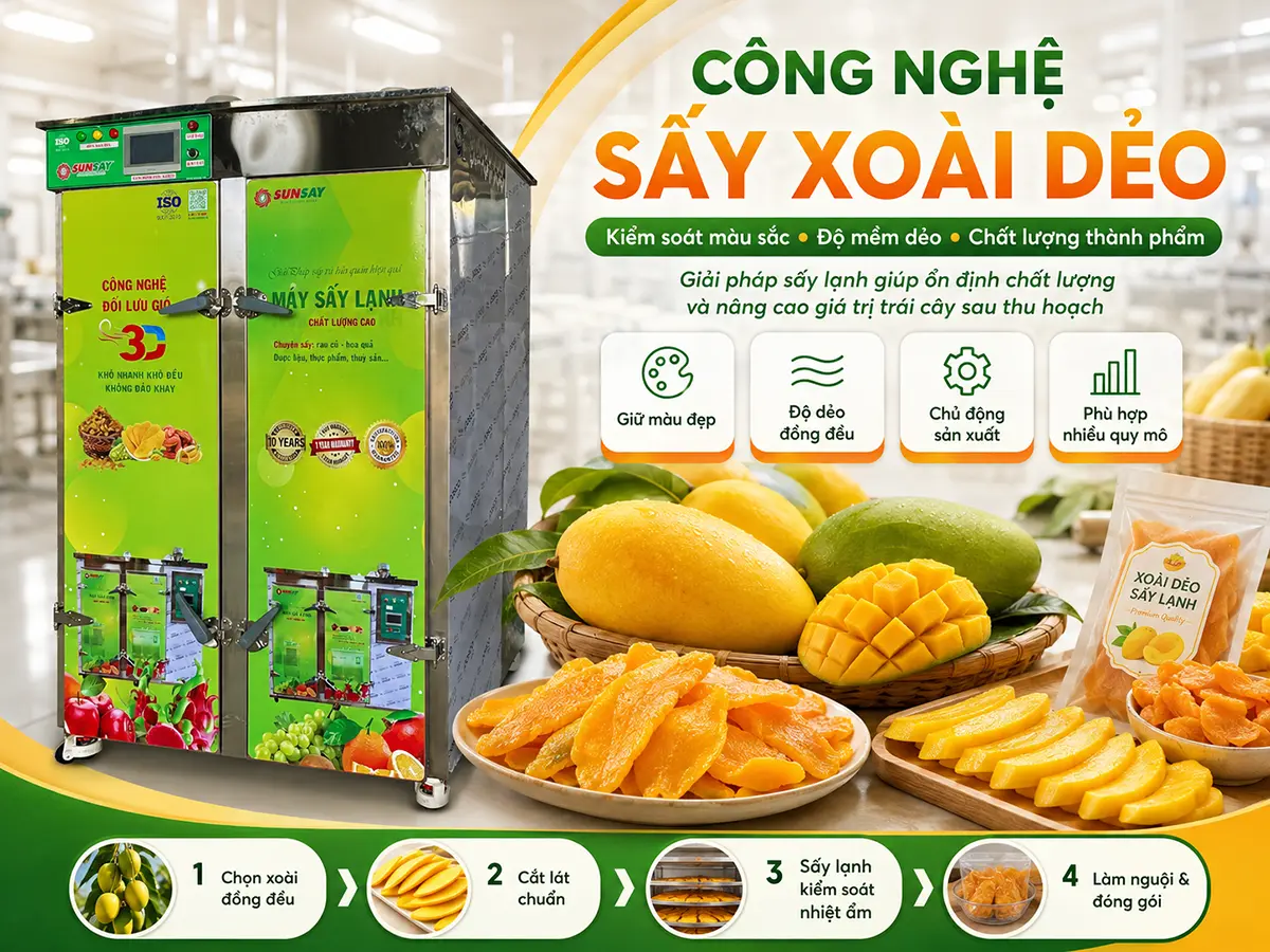 Công nghệ sấy xoài dẻo cần kiểm soát đồng thời nguyên liệu, độ dày lát cắt, nhiệt độ và thời gian sấy.