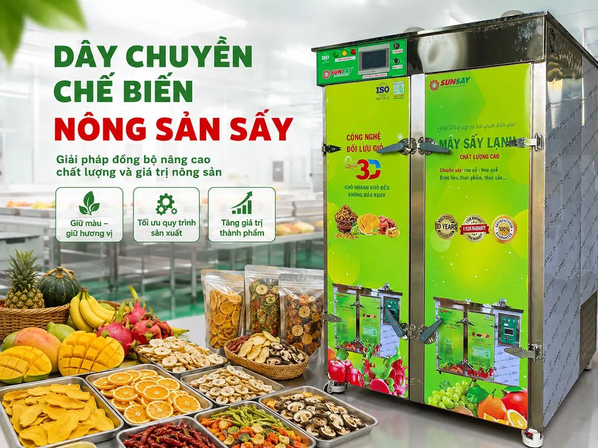 Dây chuyền chế biến nông sản sấy được bố trí đồng bộ từ khâu sơ chế đến đóng gói.