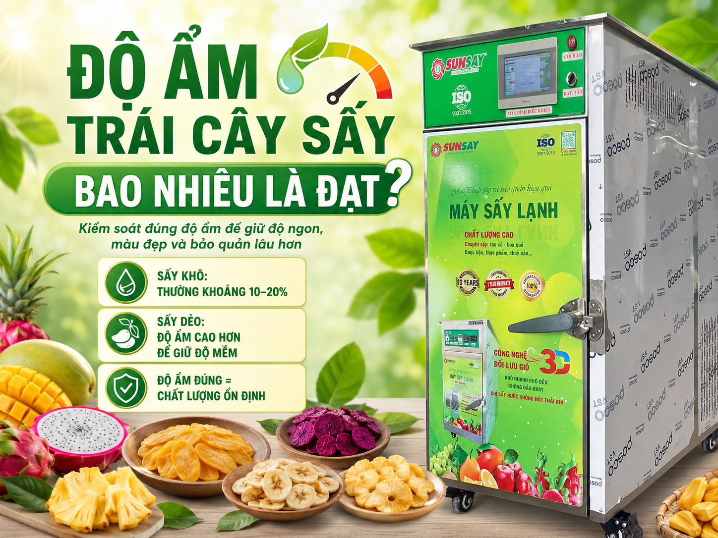 Độ ẩm tiêu chuẩn của trái cây sấy quyết định trực tiếp đến độ dẻo, độ khô và khả năng bảo quản thành phẩm.