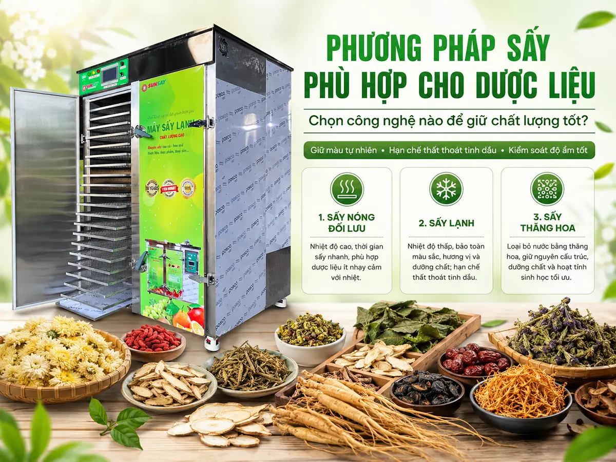 Phương pháp sấy phù hợp cho dược liệu cần được lựa chọn dựa trên đặc tính nguyên liệu và yêu cầu chất lượng thành phẩm.
