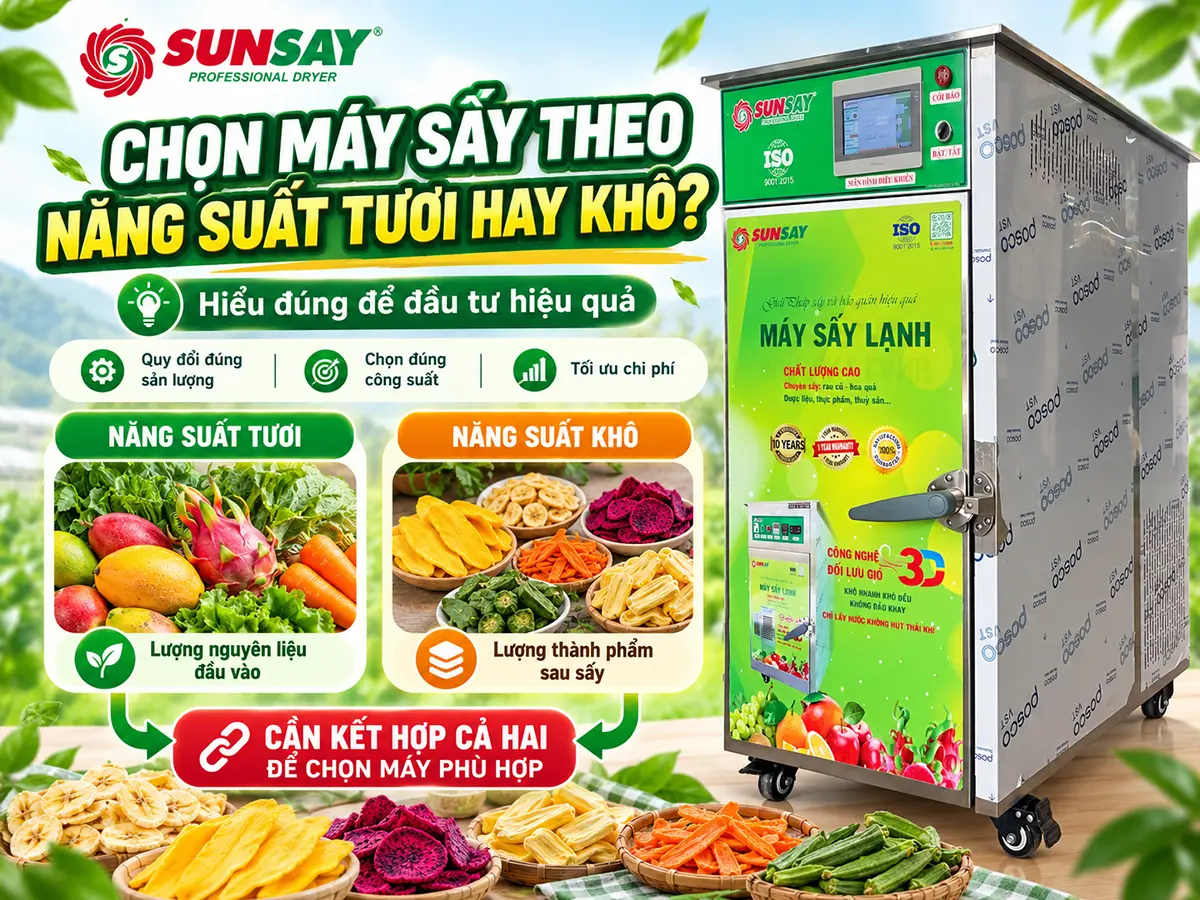 Chọn máy sấy theo năng suất tươi hay khô cần dựa trên mục tiêu thành phẩm, tỷ lệ thu hồi và lượng nguyên liệu thực tế đưa vào từng mẻ.